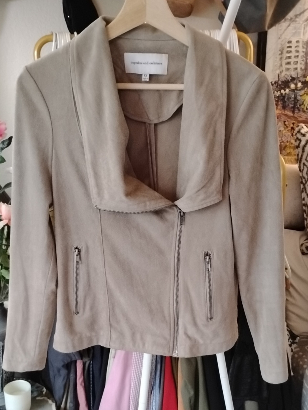 cupcakes & cashmere Taupe Faux-Suede Moto Jacket